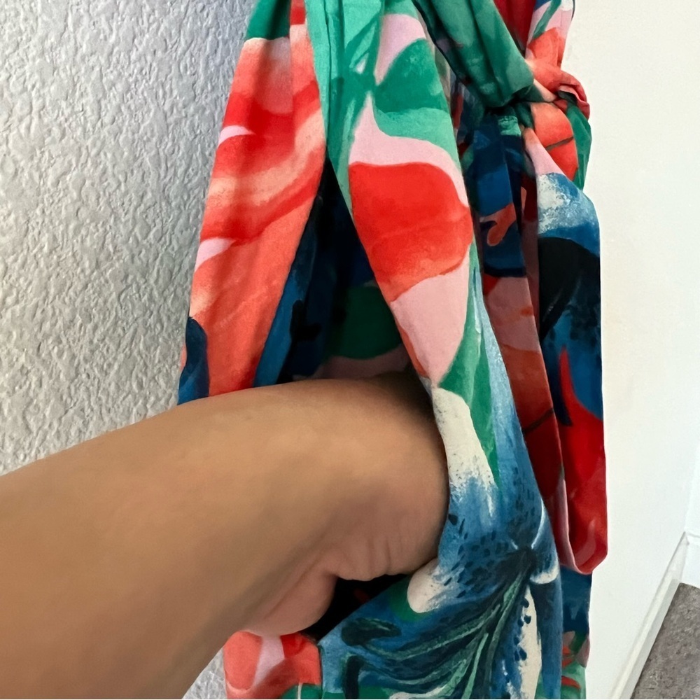 Zara Tropical Floral Off Shoulder Midi Dress S Pockets Puff Sleeve Resort Summer - Picture 12 of 16